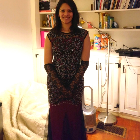 1920s Flapper Style Beaded Maxi Dress Black & Burgandy Prom Gatsby Dress size 4 - Picture 5 of 17